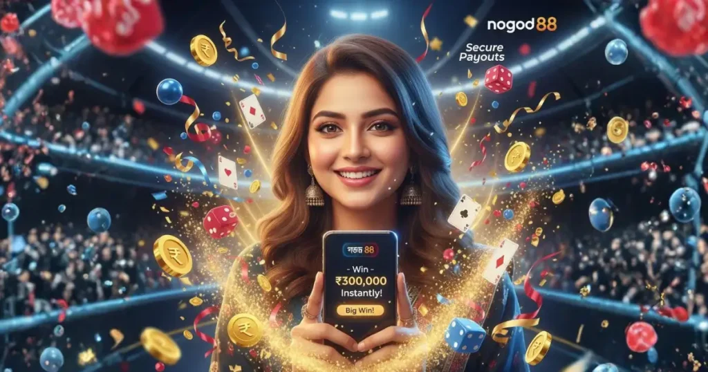 Bangladeshi woman smiling and celebrating while looking at her phone, surrounded by glowing lights, golden tokens, and a bright “nogod 88” logo.