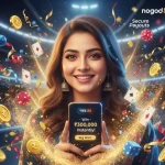 Bangladeshi woman smiling and celebrating while looking at her phone, surrounded by glowing lights, golden tokens, and a bright “nogod 88” logo.